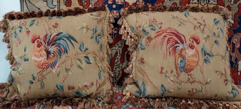 Set of Two Aubusson Tapestry Pillows (20" x 20" inch) Rooster Left/Right with Feather Filling & Zipper