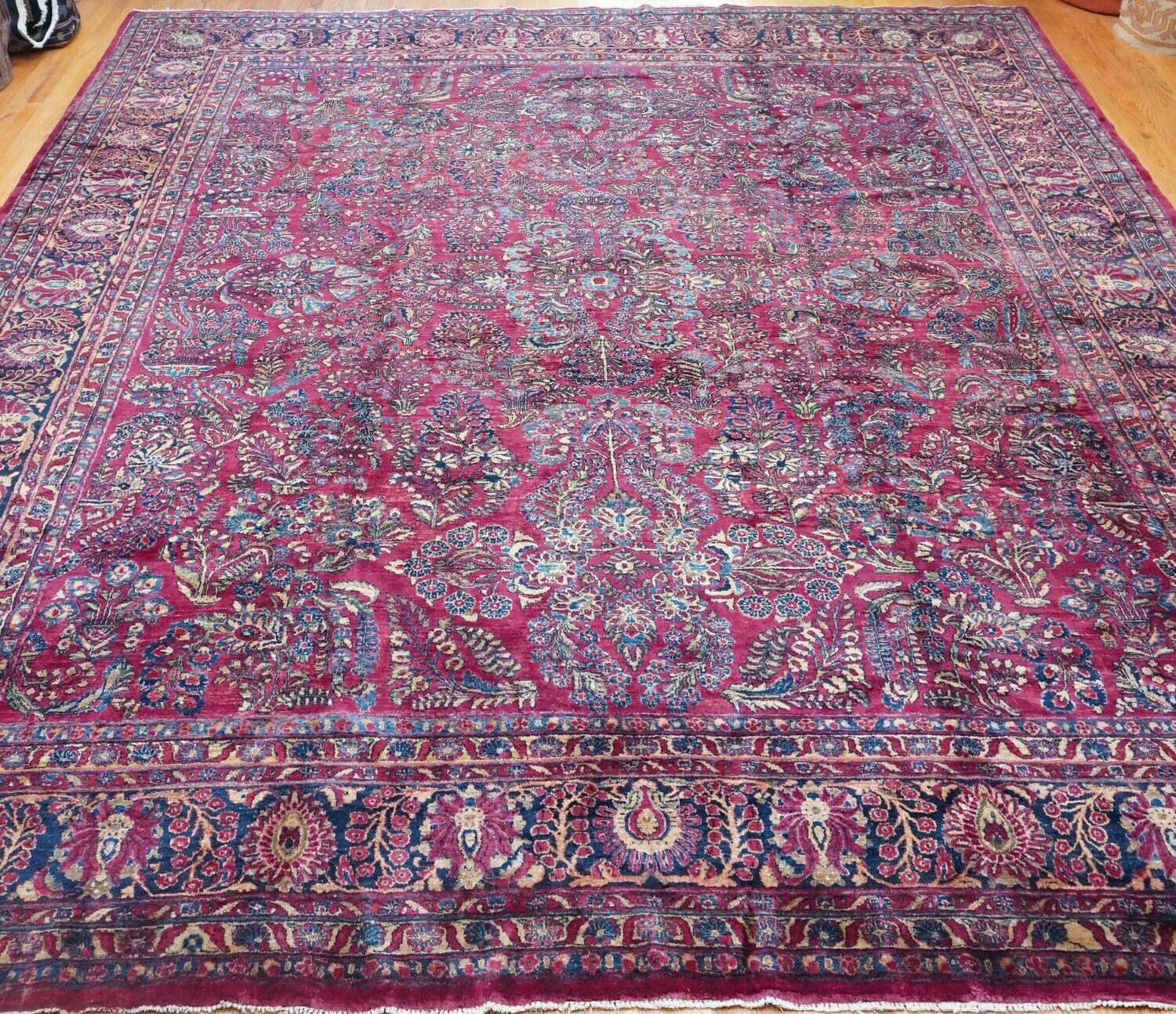 Antique 1910s Persian Sarouk Floral Hand-knotted Wool Large Oriental Rug 12' x 14'