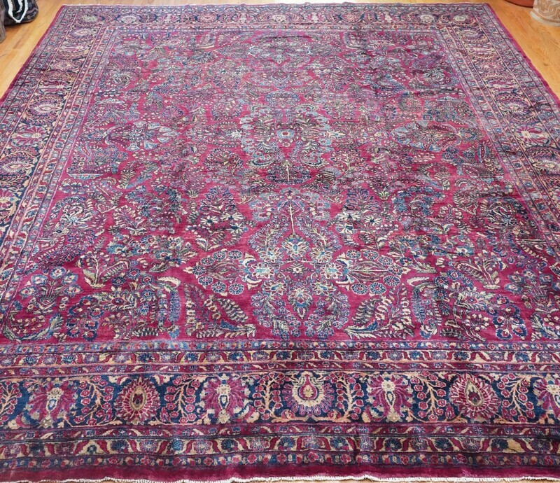 Antique 1910s Persian Sarouk Floral Hand-knotted Wool Large Oriental Rug 12' x 14'