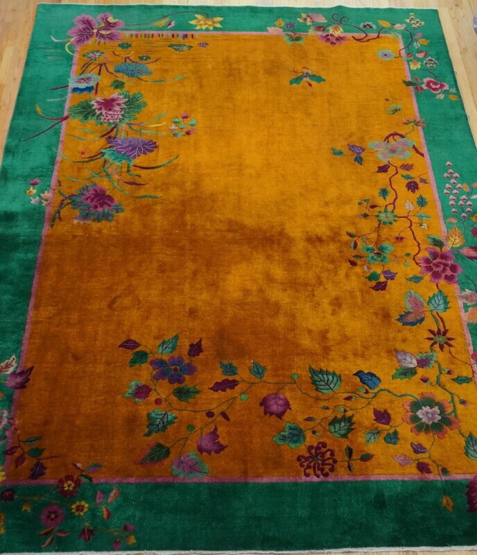 8'10" x 11'5" Antique 1920s  Art Deco Chinese Hand Knotted Wool Gold Green Oriental Rug