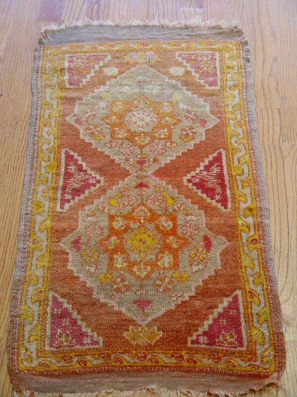 Antique 1880s Oushak Turkish 1'7" x 3'  Hand-Knotted 100% Wool Oriental Rug