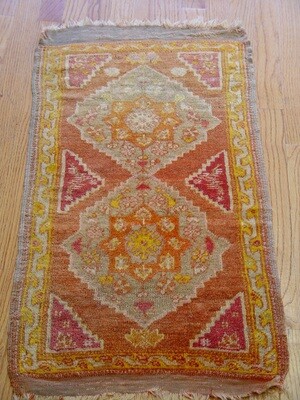 Antique 1880s Oushak Turkish 1'7" x 3'  Hand-Knotted 100% Wool Oriental Rug