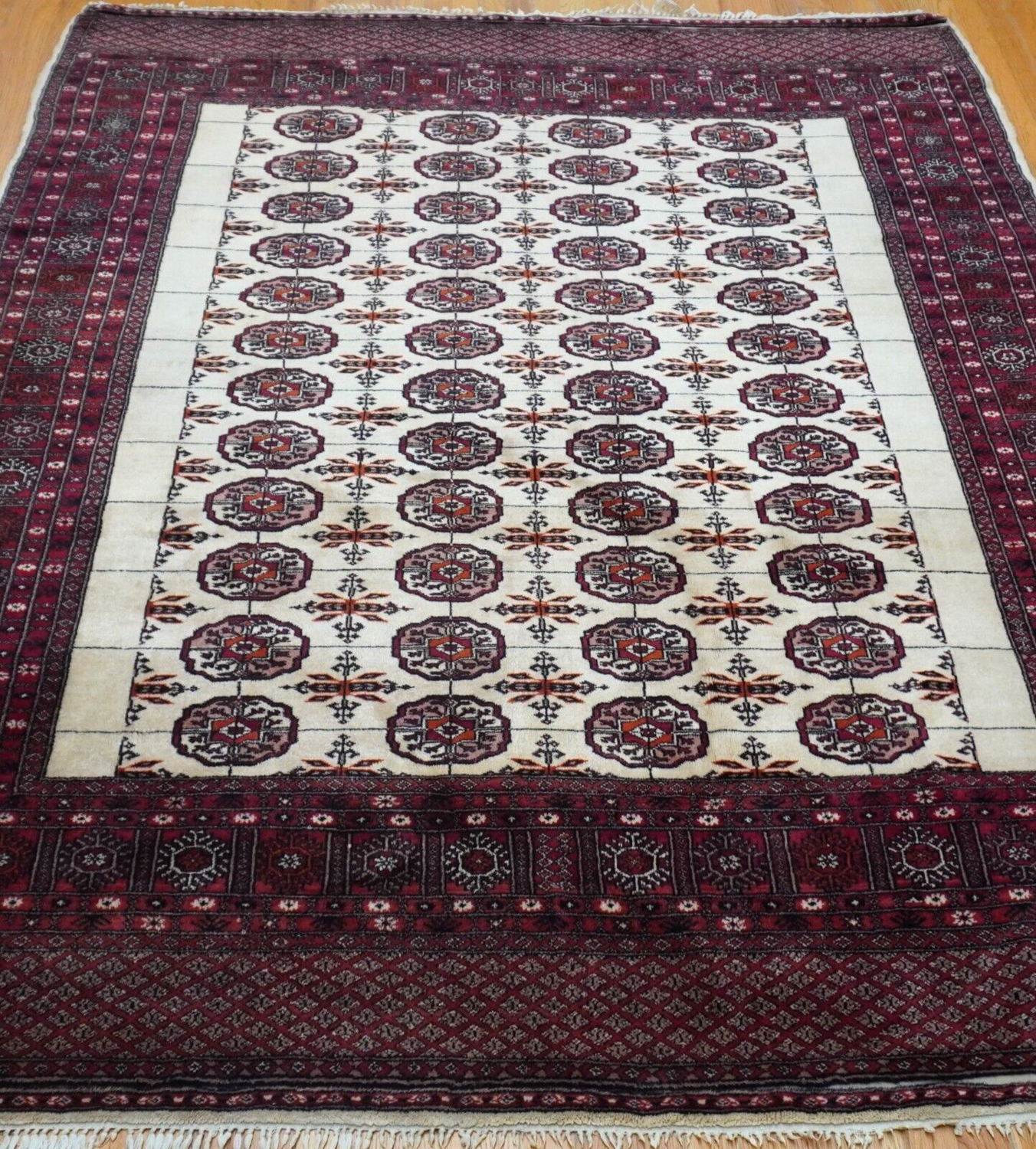6'2 x 7'8 Vintage Turkmen Hand-Knotted Ivory Wool Rug