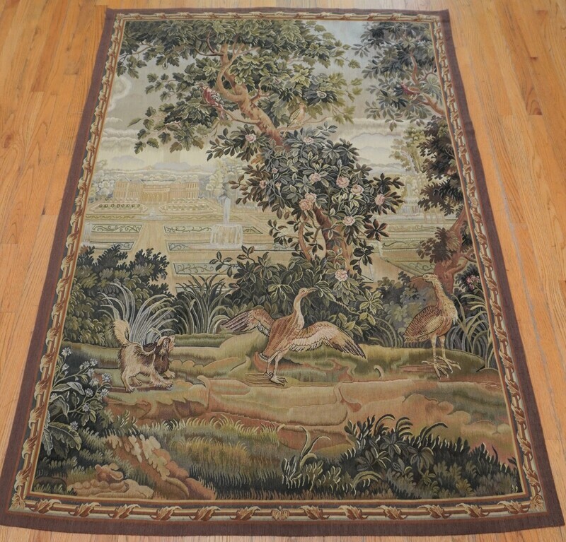 5'x7' Antique French Aubusson Hand Woven Tapestry with Birds Trees Dog Landscape