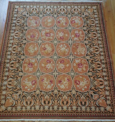 7'5 7'5" x 9'5" Sumack Flat Weave Wool Hand Woven Floral Orange Brown Rug