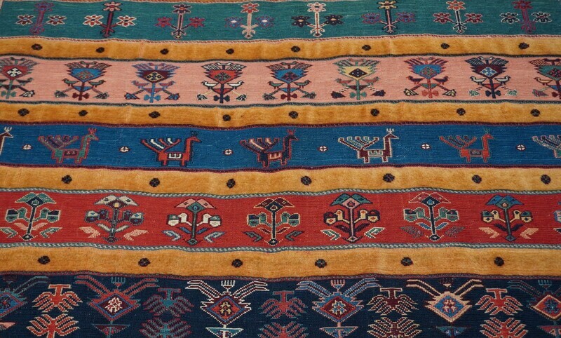 6'x 9' Persian Soumak Flat Weave & Hand Knotted Wool Rug Birds Pictorial
