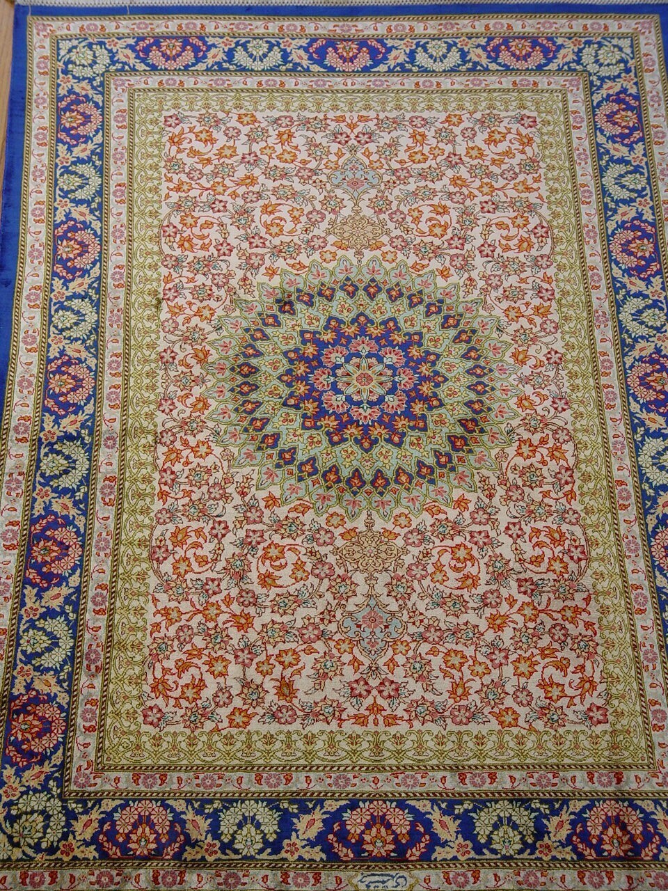 Superb Persian Qum Pure Silk Signed Hand Knotted Floral Superb Rug 3'3"x 4'10"