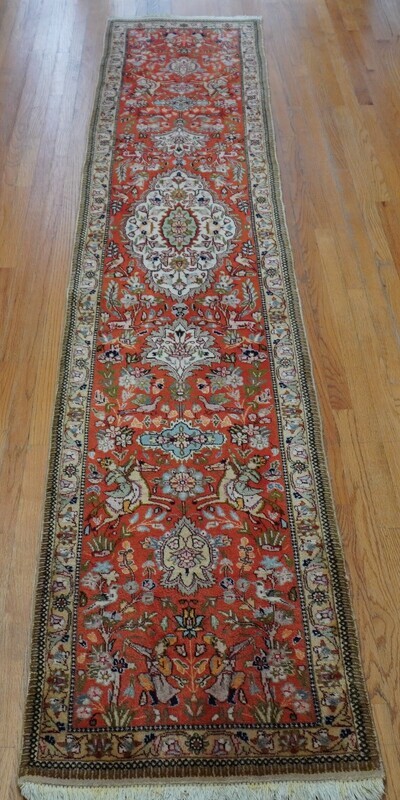 2'4"x12'6" Hunting Scene Runner Antique Persian Tabriz Hand Knotted Wool Rug
