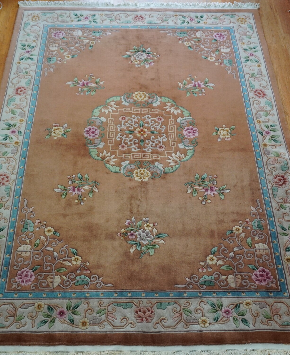 Chinese Hand Knotted Wool 9' x 12'5" Tan Gold Floral Oriental Rug