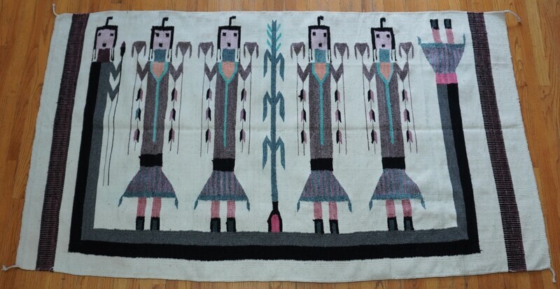South West Navajo Yei 5 Ladies Wool Handmade Vintage Large Rug 4'7" x 7'8"