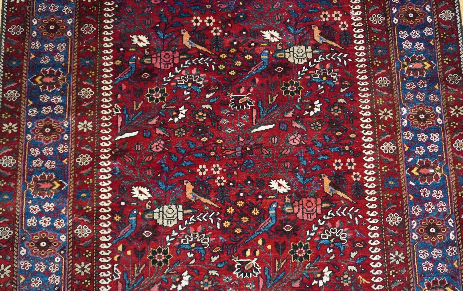 4'4"x6'5" Antique Persian Malayer Senneh Hand Knotted Wool Rug with Birds Flowers