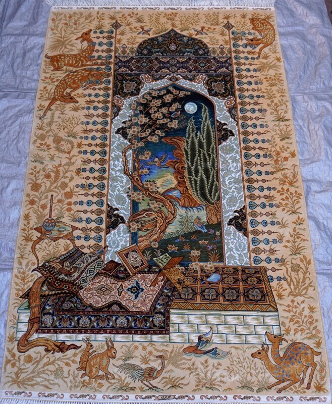 Spectacular Pure Silk Persian Tabriz Pictorial  4' x 7'6"  Hand Knotted  Tree Birds Deer rabbit Phenomenal Rug