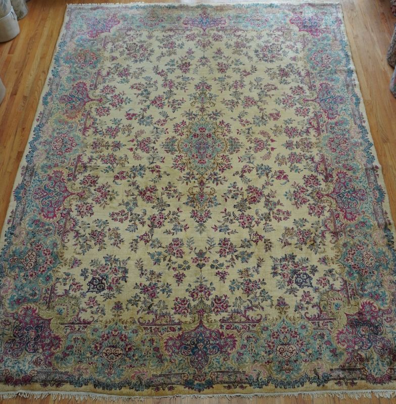 Antique Persian Kerman  9'8"x 14' Hand Knotted Wool Floral Gold Oriental Rug