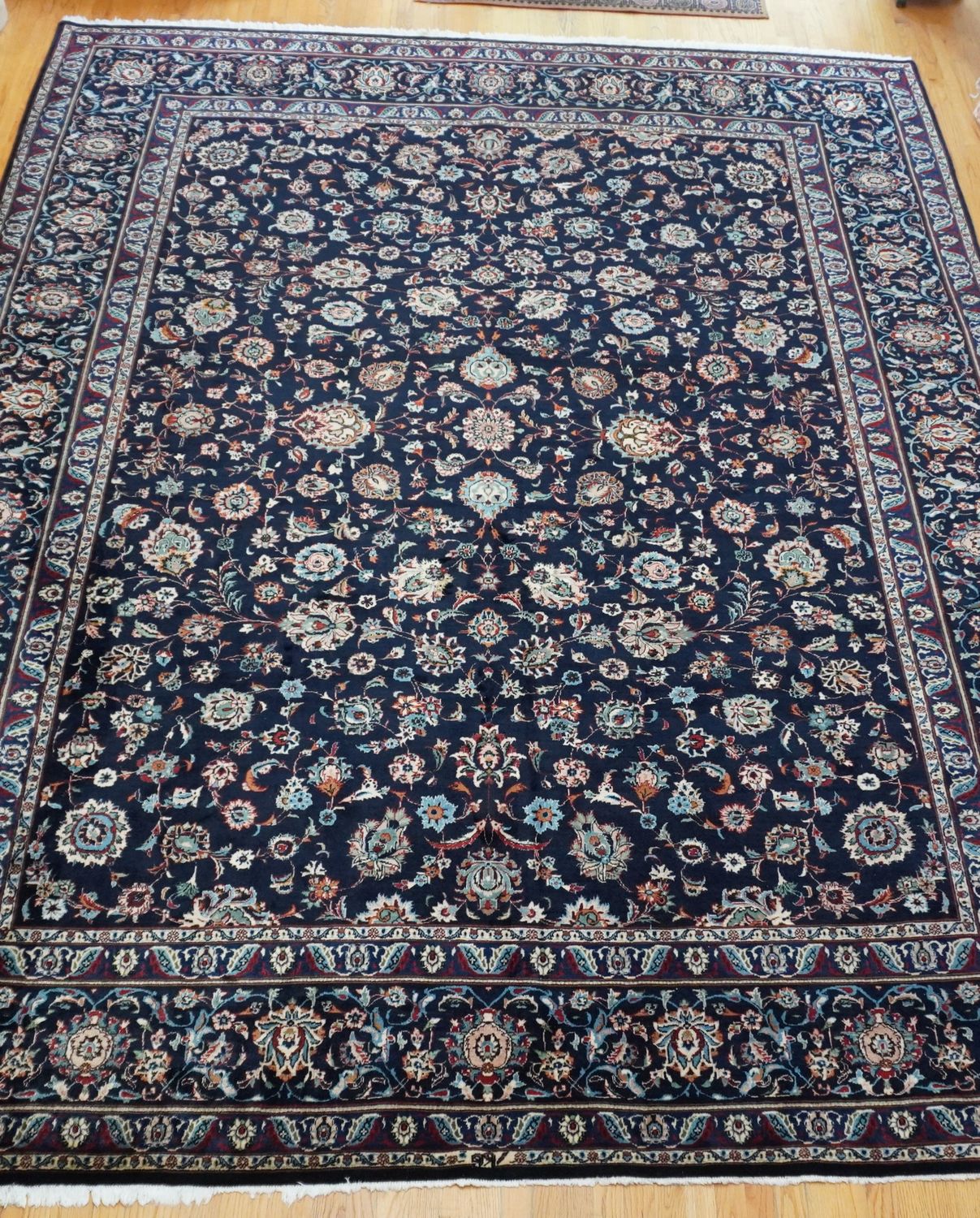 Elegant Antique Persian Kashan Hand Knotted Wool Navy Blue Oriental Rug 10' x 13'
