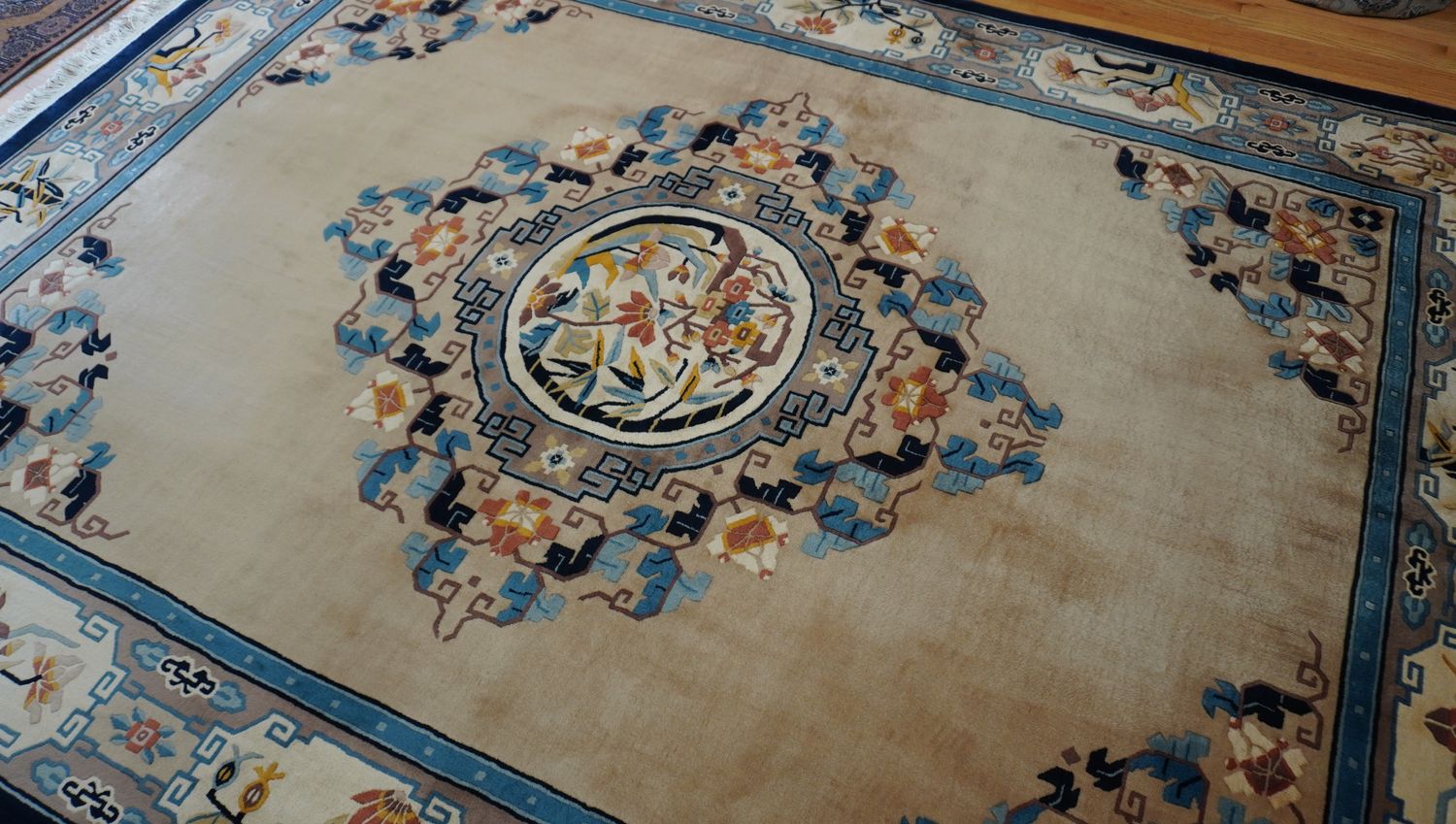 Excellent Chinese Hand Knotted Wool Ivory Blue navy Oriental Rug 9' x 12'