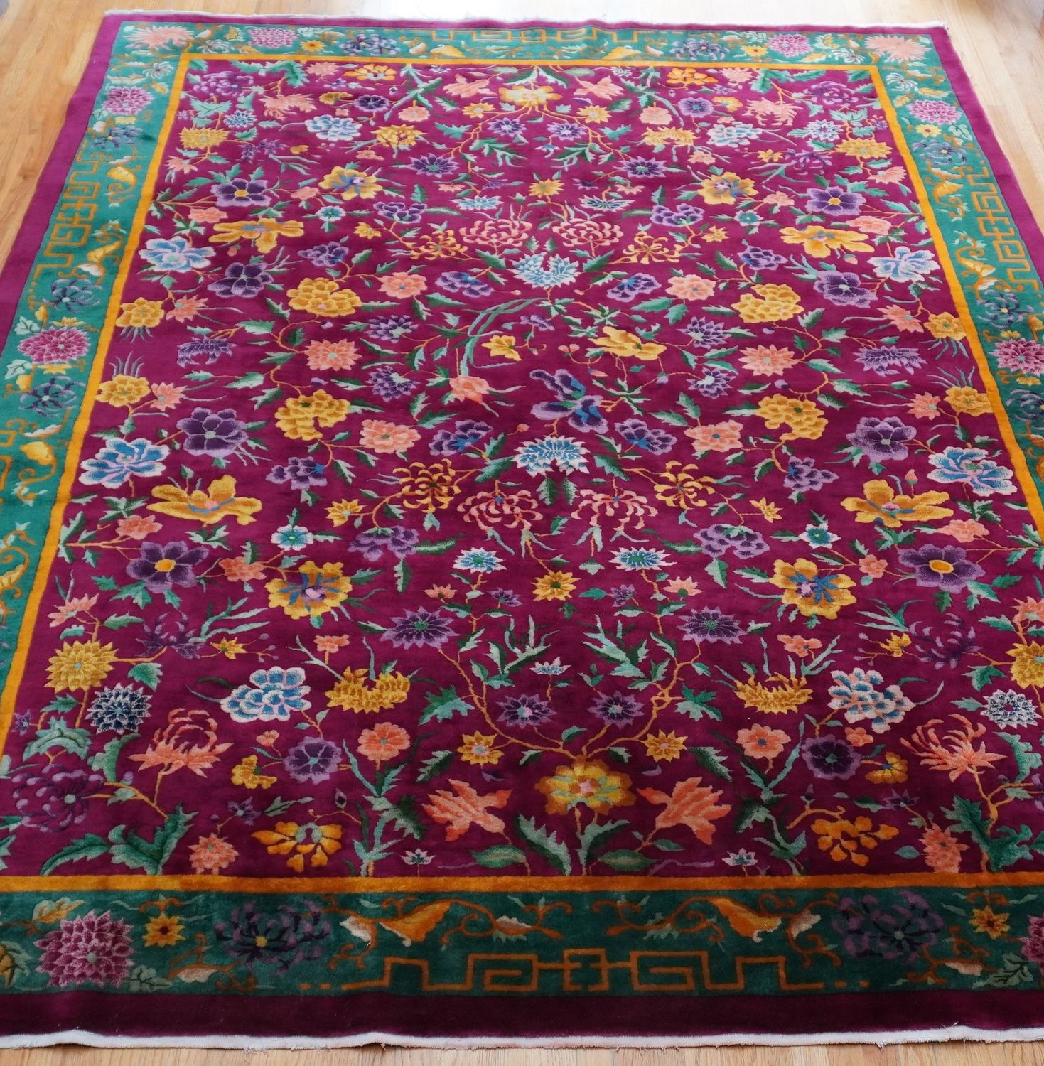 Stunning Antique 1920 Art Deco Chinese Hand Knotted Wool Floral Oriental Rug 9' x 11'7"