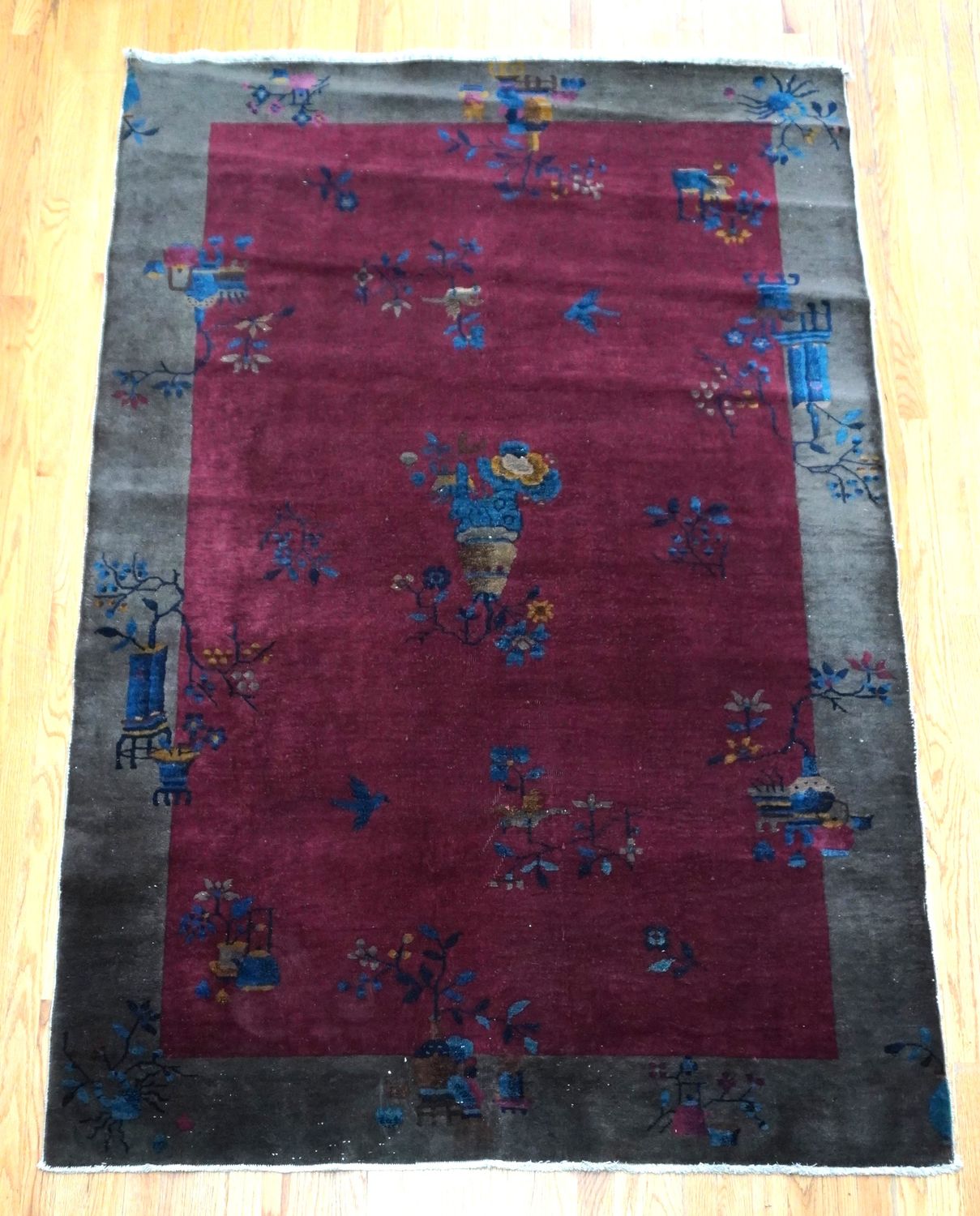 Antique Chinese Art Deco Hand Knotted Wool Oriental Rug 5' x 7'7"