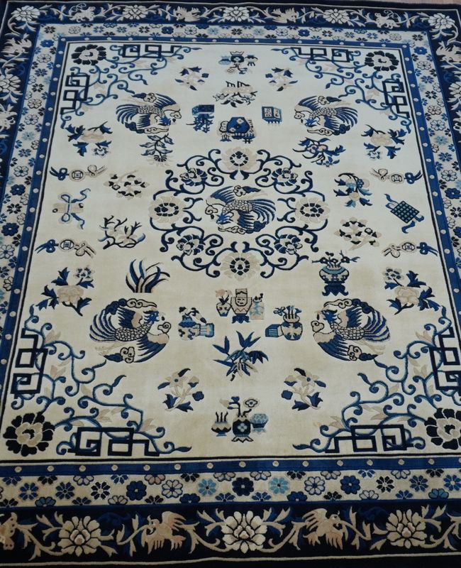 Wonderful Chinese Peking Hand Knotted Wool Phoenix Birds Blue Ivory Oriental Rug 8' x 10'