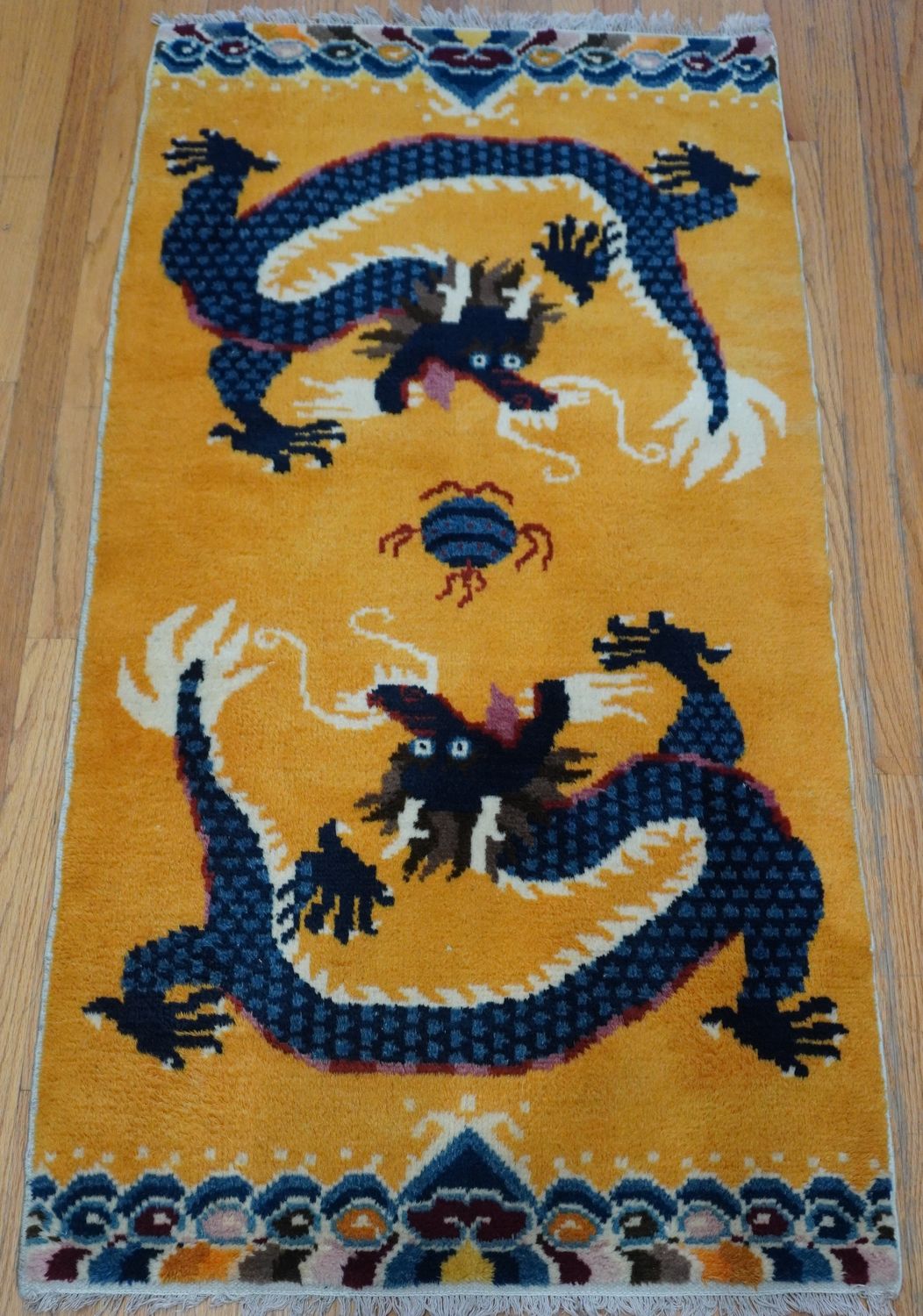 Gorgeous Tibetan Double Dragon Hand Knotted Wool Gold Vintage Oriental Rug 2'9" x 5'2"