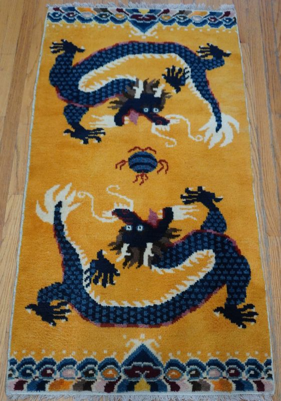 Gorgeous Tibetan Double Dragon Hand Knotted Wool Gold Vintage Oriental Rug 2'9" x 5'2"