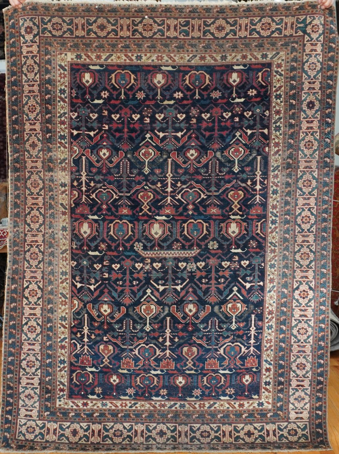 Exquisite Antique Caucasian Kuba Hand Knotted Wool Navy Oriental Rug 4'4" x 6'