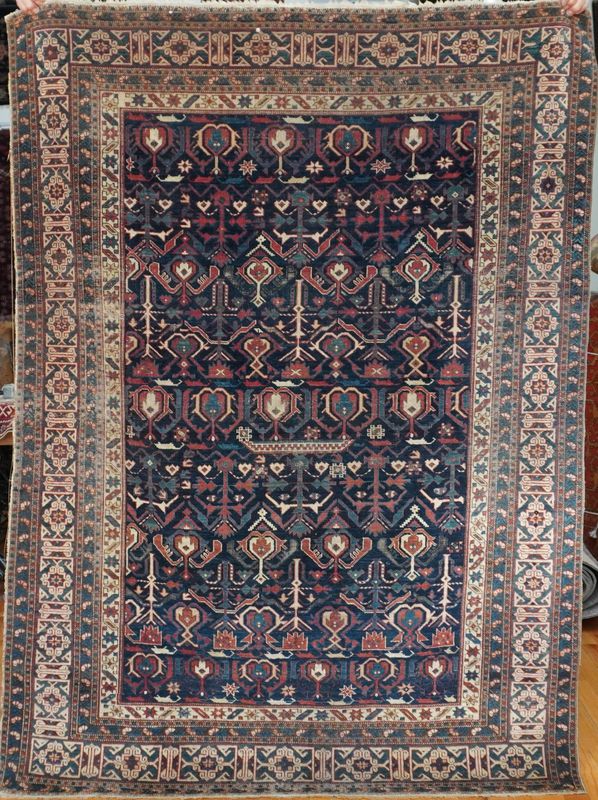 Exquisite Antique Caucasian Kuba Hand Knotted Wool Navy Oriental Rug 4'4" x 6'