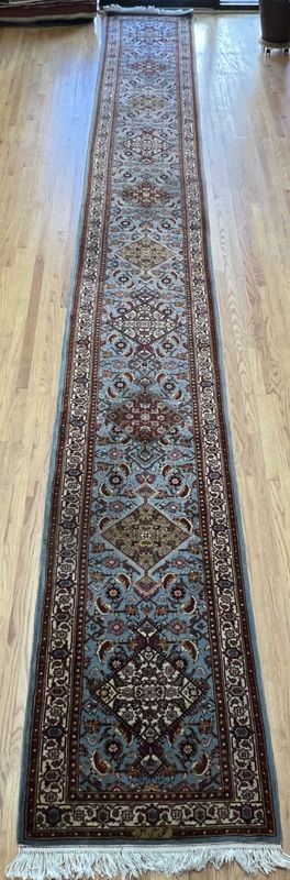 Turkish Blue Tabriz Signed Runner 2'8" x 23'3" Hand Knotted Wool Geometric Vintage Very Long Hallway Oriental Rug