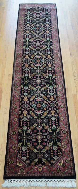 Fine Runner 2'6" x 12' Hand Knotted Wool Black Floral Hallway Rug