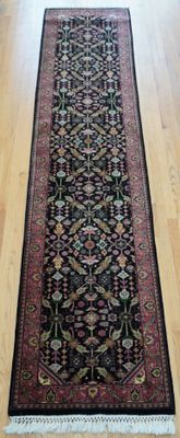 Fine Runner 2'6 Fine Runner 2'6" x 12' Hand Knotted Wool Black Floral Hallway Rug