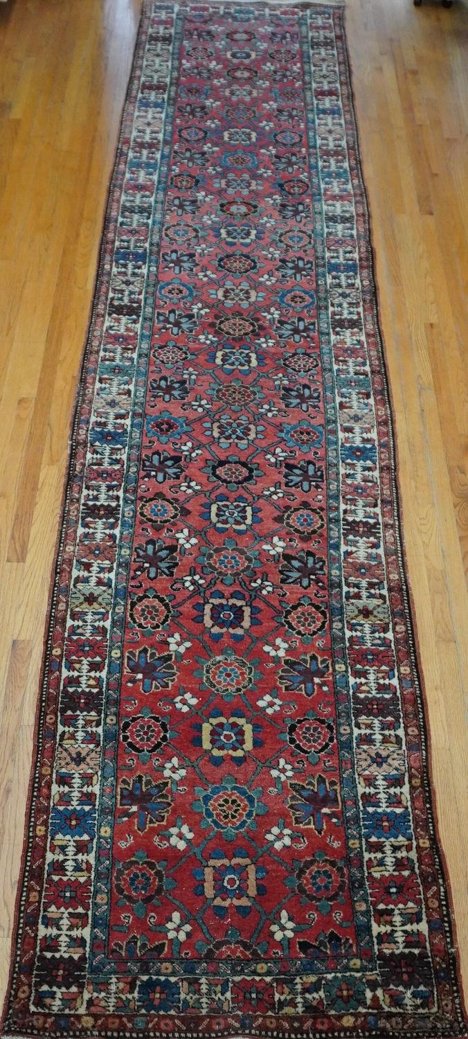 Antique Persian Heriz Serapi Runner 3'5" x 18' Veg. Dye Hand Knotted Wool Long Hallway Oriental Rug