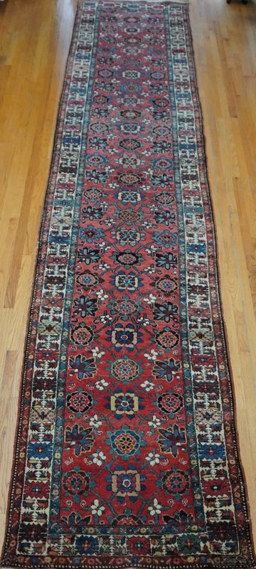 Antique Persian Heriz Serapi Runner 3'5" x 18' Veg. Dye Hand Knotted Wool Long Hallway Oriental Rug