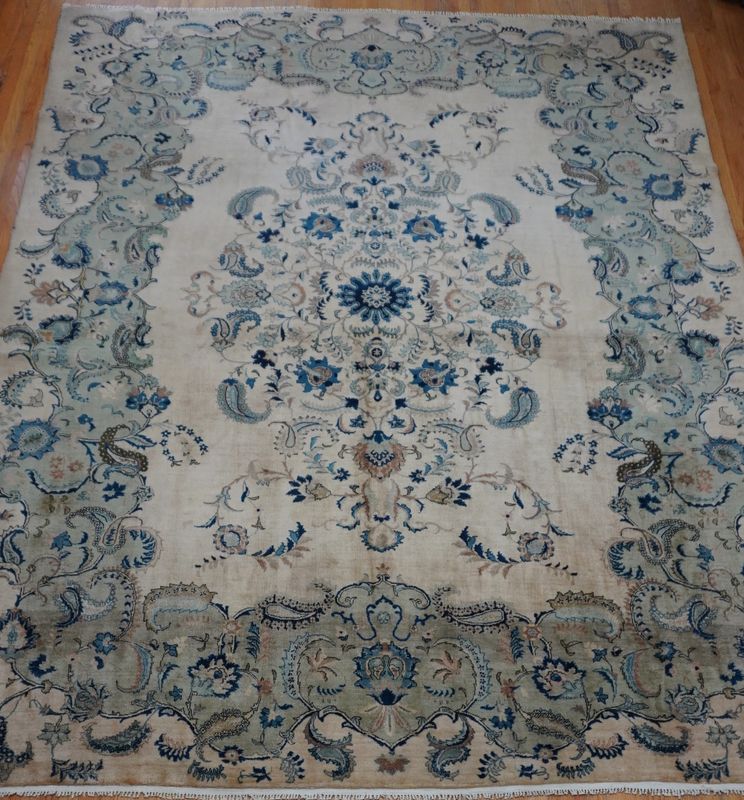 Impressive Antique Persian Kashan 10' x 13'4" Hand Knotted Wool Sage Olive Green Rug