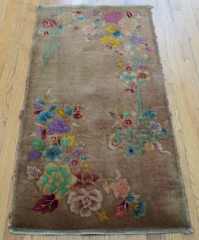 Antique Art Deco Chinese 2' x 4' Hand Knotted Wool Gold Floral Oriental Rug