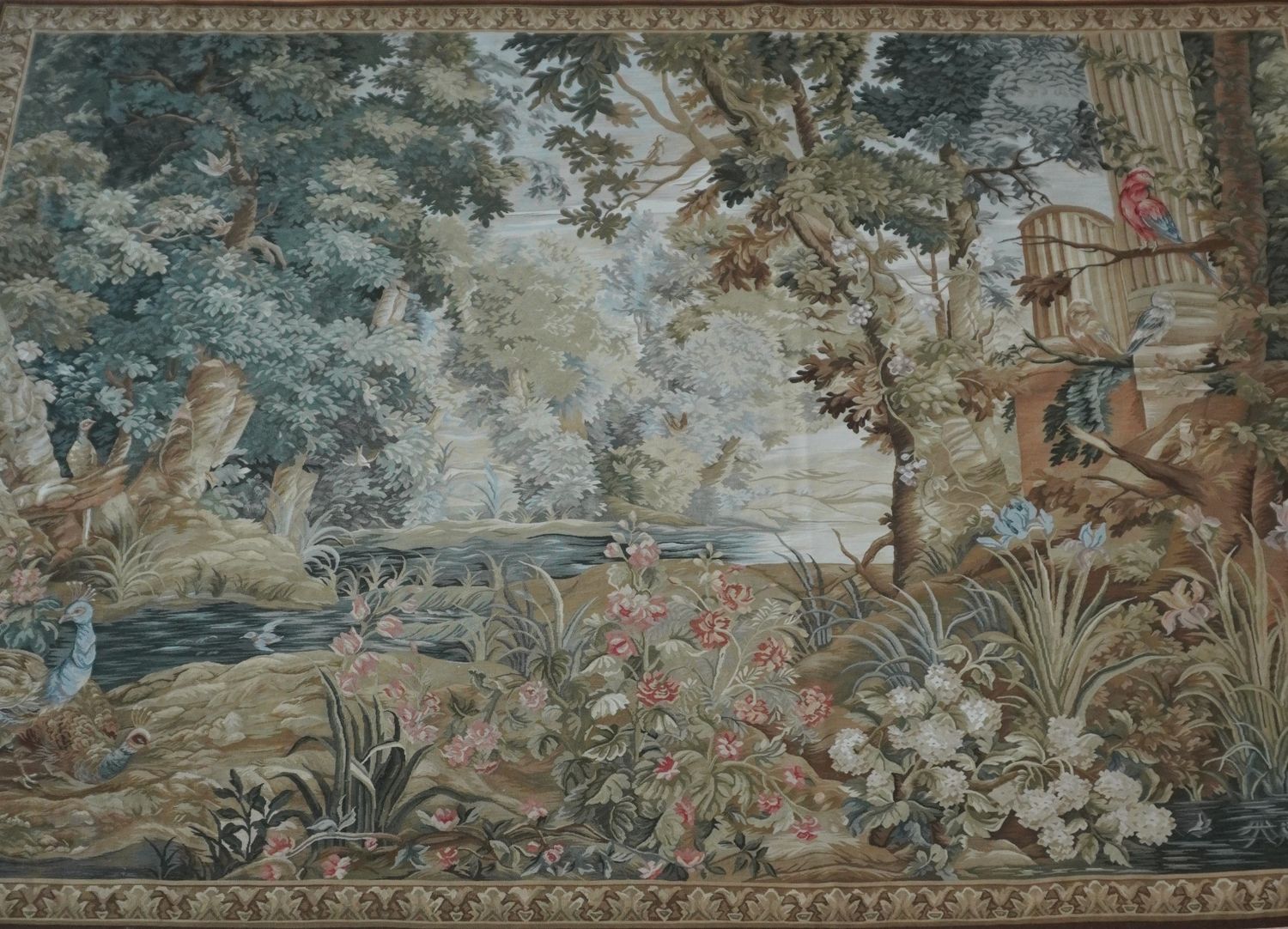 Phenomenal Antique French Aubusson Tapestry 9' x 6' Hand Woven Birds Trees Landscape