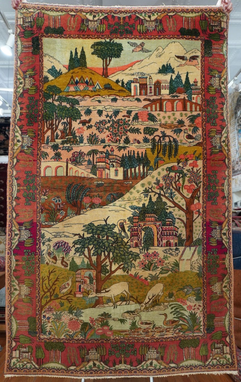 Phenomenal Antique Persian Tabriz 4'5" x 7' Pictorial View Animals Birds Hand Knotted Wool Rug