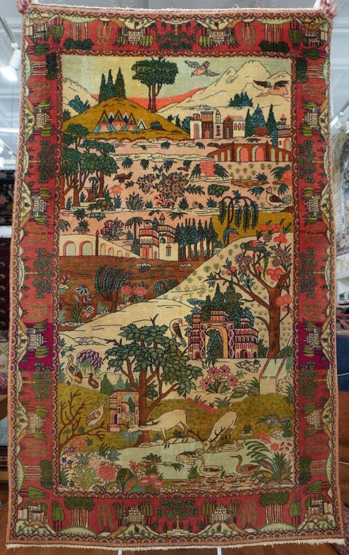 Phenomenal Antique Persian Tabriz 4'5" x 7' Pictorial View Animals Birds Hand Knotted Wool Rug