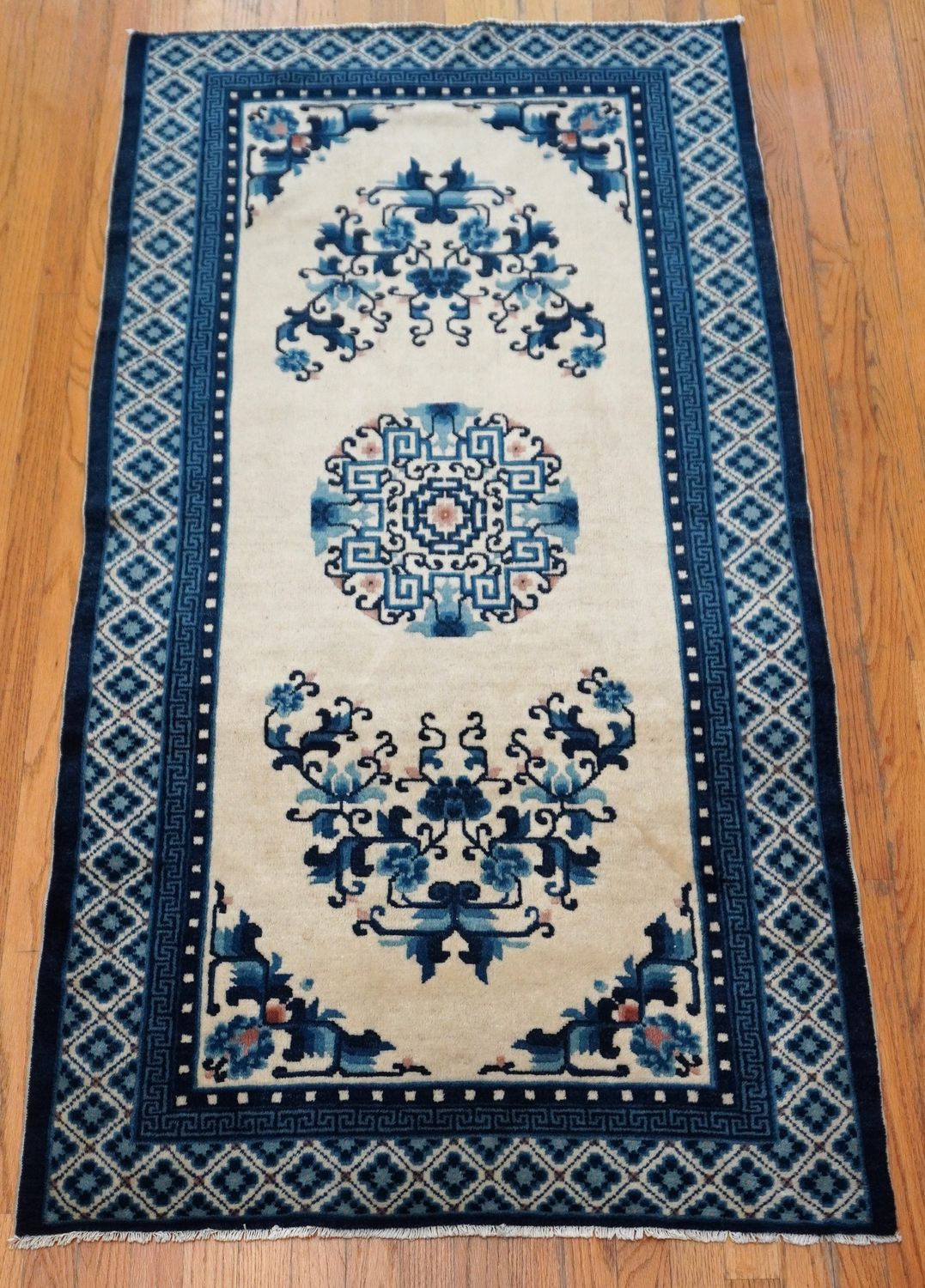 Antique Chinese Peking 3' x 6' Hand Knotted Wool Ivory Oriental Rug Excellent