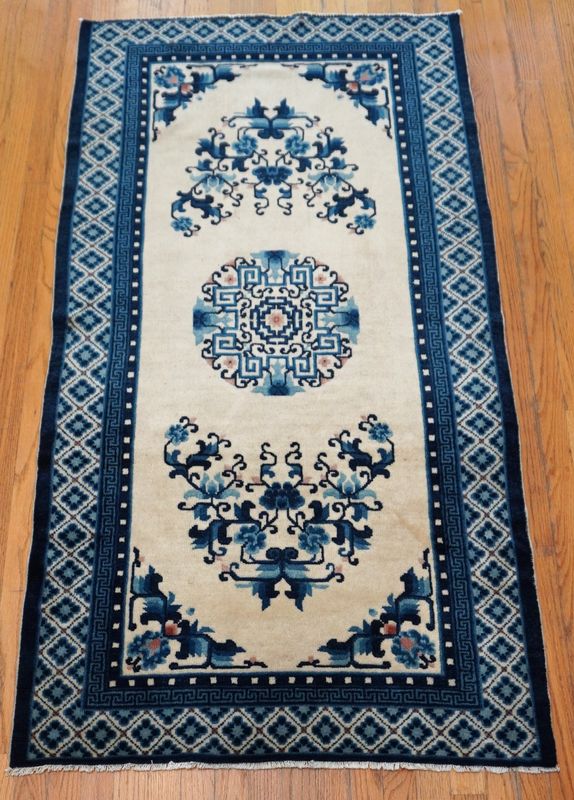 Antique Chinese Peking 3' x 6' Hand Knotted Wool Ivory Oriental Rug Excellent