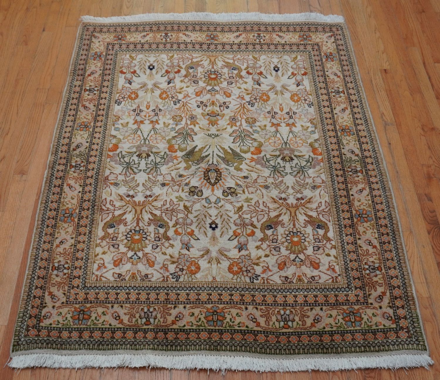 Exquisite Antique  Persian Tabriz Taba Taba 4'9" x 6' Hand Knotted Wool Rug with Birds