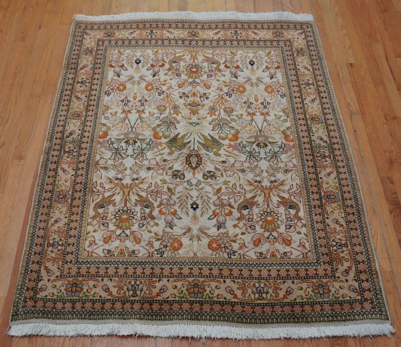 Exquisite Antique  Persian Tabriz Taba Taba 4'9" x 6' Hand Knotted Wool Rug with Birds