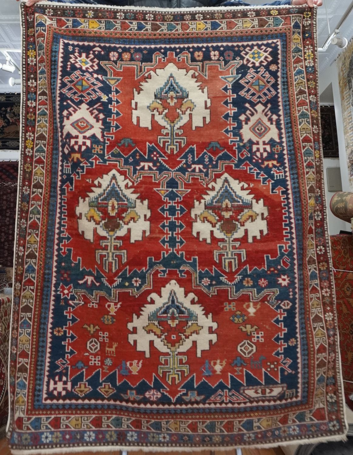 Antique Caucasian Shirvan 4' x 5'4" Hand Knotted 100% Wool oriental Rug