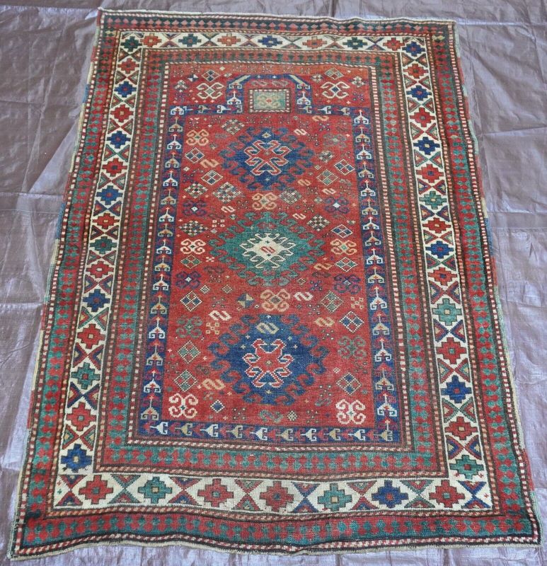 4' x 6' ANTIQUE CAUCASIAN PRAYER KAZAK HAND KNOTTED WOOL ORIENTAL RUG