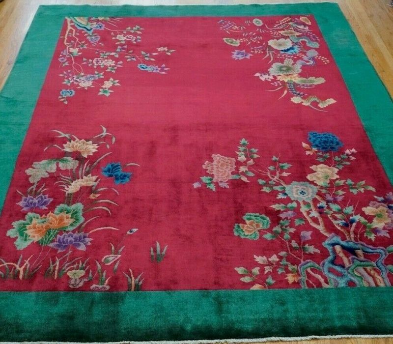 8'9" x 11'5" ANTIQUE 1920s CHINESE ART DECO HAND KNOTTED WOOL ORIENTAL RUG