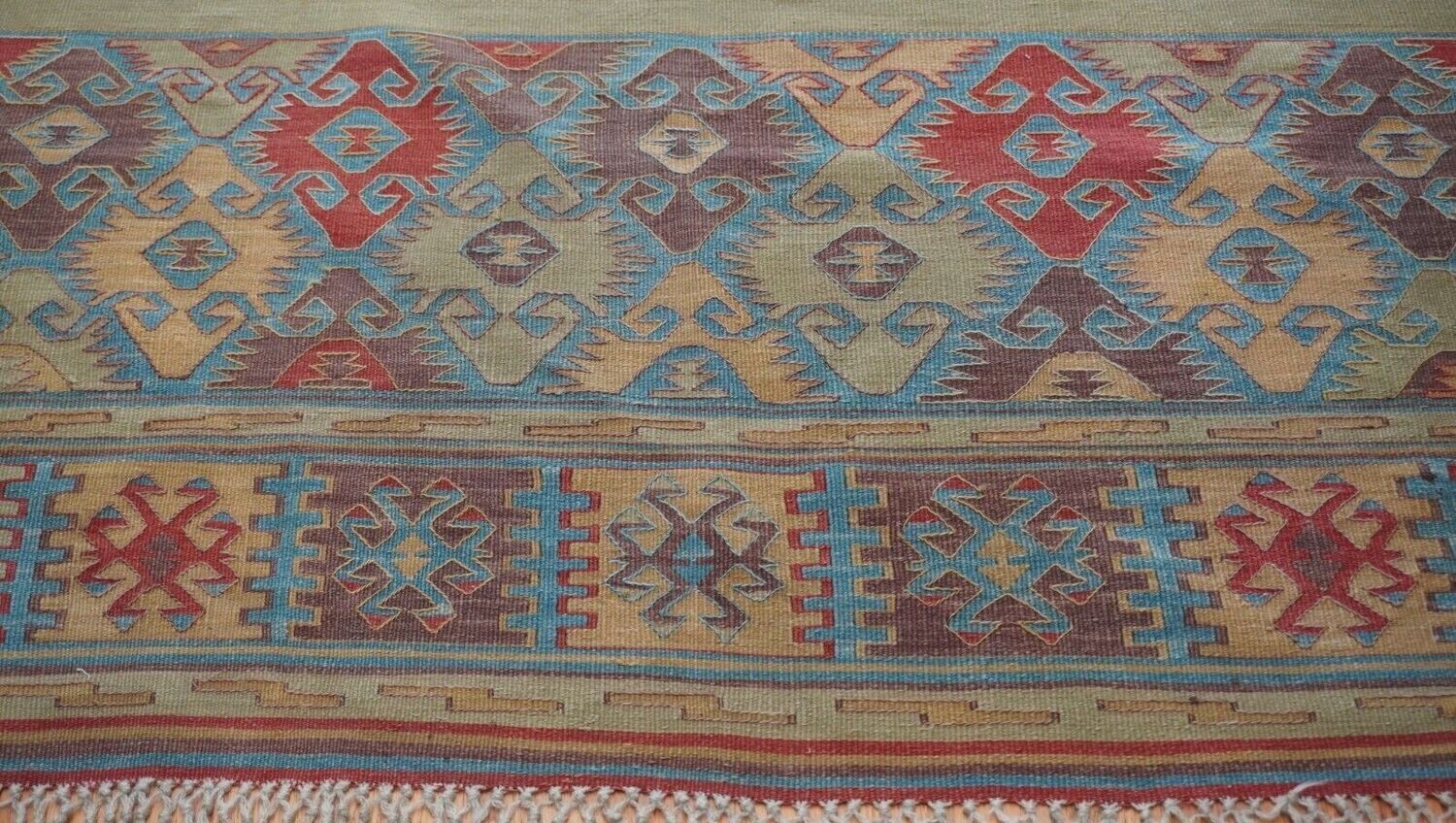 Antique Turkish Kilim 4' x 6' Hand Woven 100% Wool Green Rug Cleaned Antique Turkish Kilim 4' x 6' Hand Woven 100% Wool Green Rug Cleaned