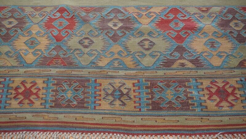 Antique Turkish Kilim 4' x  6' Hand Woven 100% Wool Green Rug Cleaned