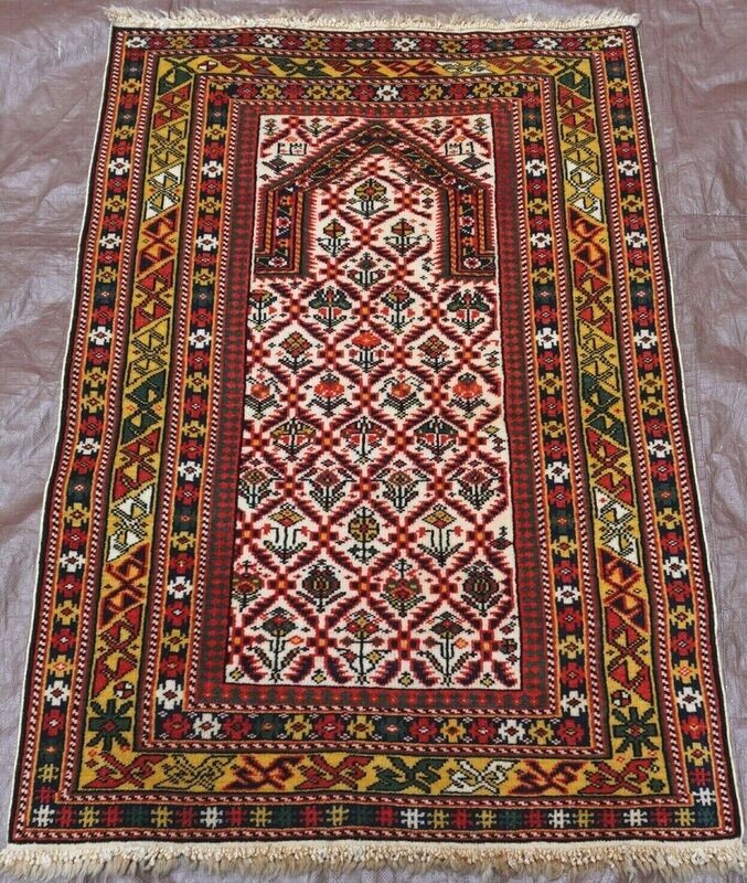 ANTIQUE CAUCASIAN SHIRAVAN DATED PRAYER HAND KNOTTED WOOL RUG 2'4" x 3'7"