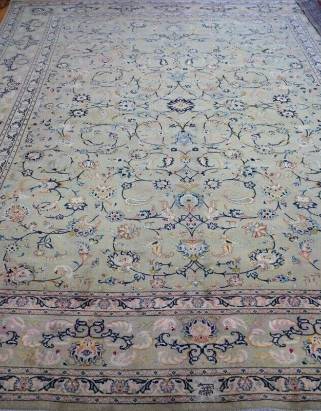 9'7" x 13'5" ANTIQUE PERSIAN KASHAN SIGNED HAND KNOTTED  BIRDS SAGE OLIVE GREEN RUG