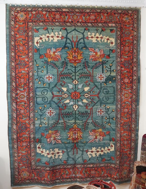 Rare Antique Bakhshayesh Serapi15000 Handmade Wool Turquoise Blue Rug 8'7" x 11'3"