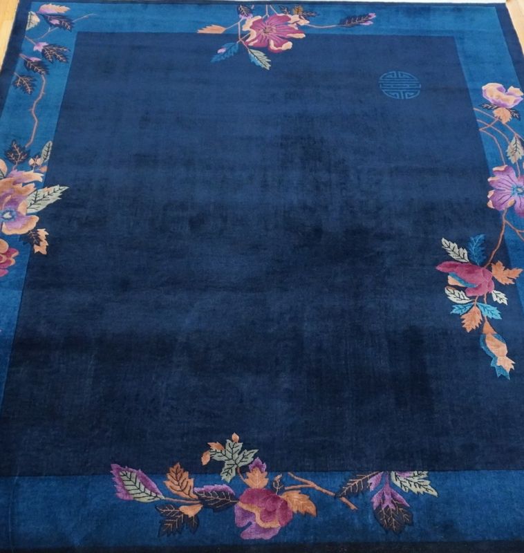 Antique Art Deco Chinese Hand Knotted Wool Blue Oriental Rug 8' x 9'8"