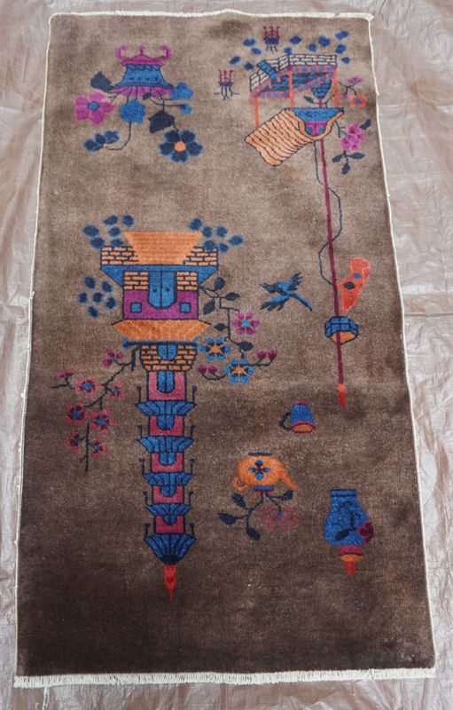 Antique Art Deco Chinese Hand Knotted Wool Oriental Rug Tower 2'5" x 4'8"